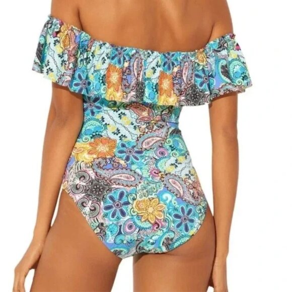 Bleu Rod Beattie Colorful Floral Paisley Ruffle Teal Blue One-Piece Swimsuit. 10 - Picture 2 of 14